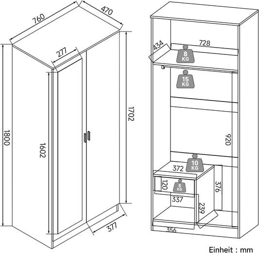 SONNI Modern Kleiderschrank 2-tÃ¼rig mit viel Stauraum, Vielseitiger DrehtÃ¼renschrank in WeiÃŸ mit SpiegeltÃ¼r, Kleiner bis mittelgroÃŸer Kleiderschrank, 76cm(B) x47cm(T) x180cm(H)