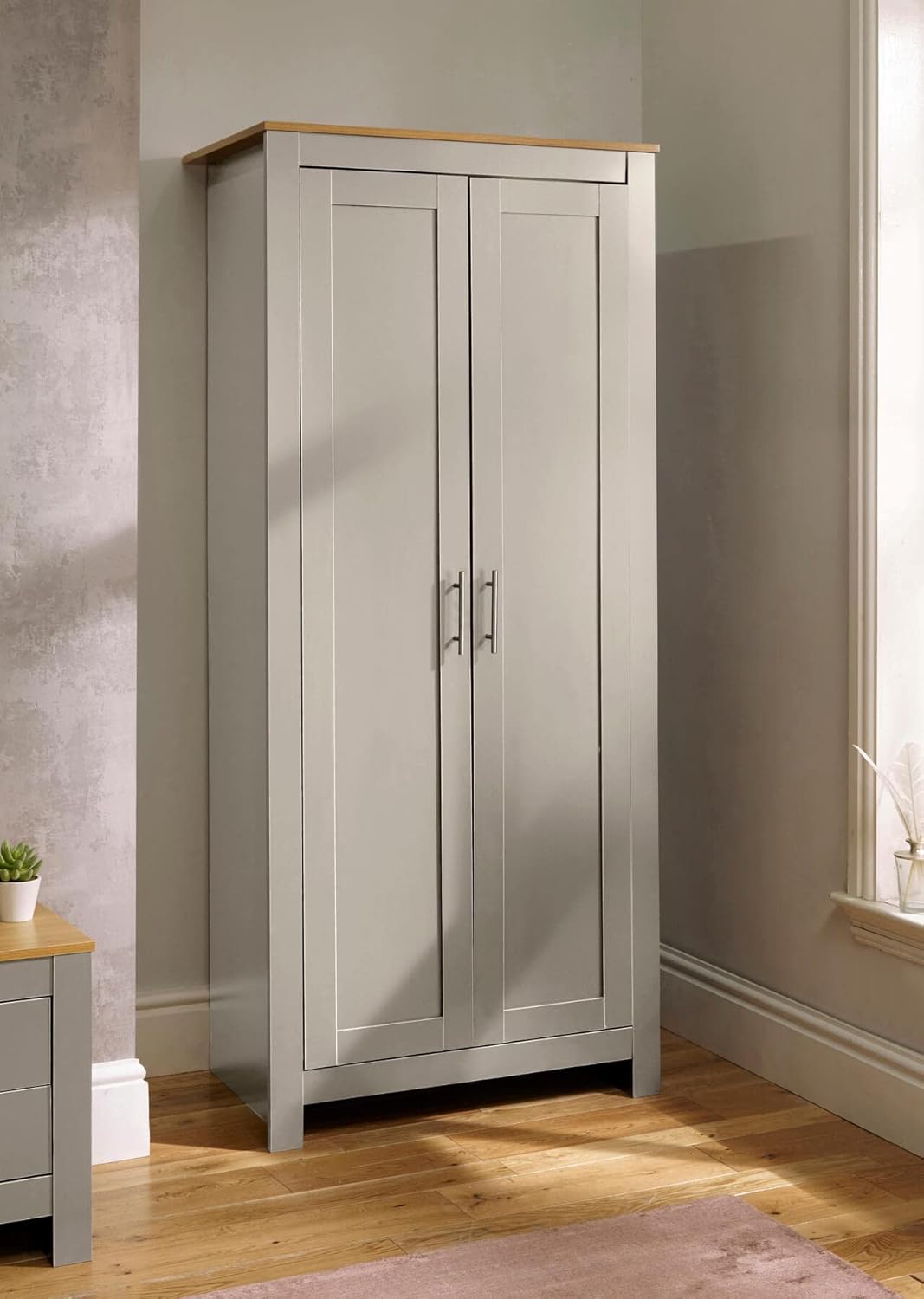 Home Source 2 Wardrobe Tall Clothes Organiser Hanging Rail Shelf Storage, Wood, Grey, Panelled Doors