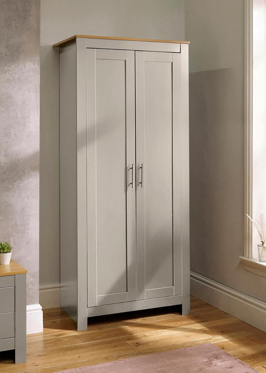 Home Source 2 Wardrobe Tall Clothes Organiser Hanging Rail Shelf Storage, Wood, Grey, Panelled Doors