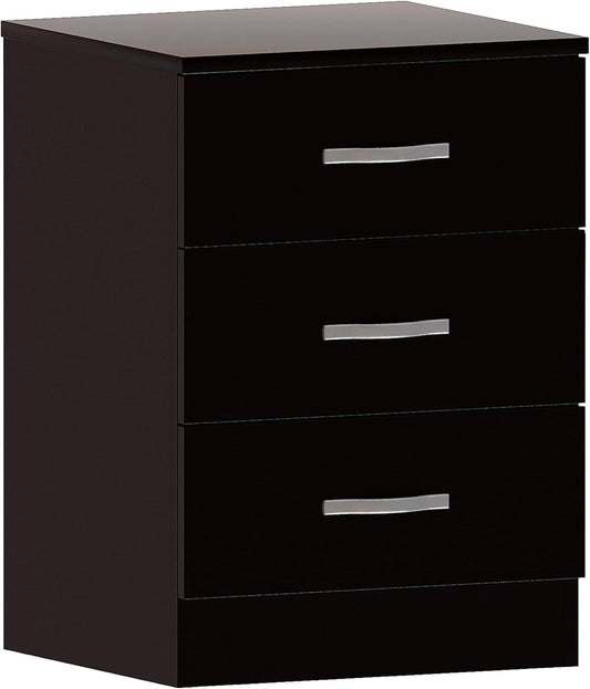 Vida Designs Large Black Bedside Cabinet Chest of Drawers, 3 Drawer With Metal Handles and Runners, Unique Anti-Bowing Drawer Support, Riano Bedroom Furniture