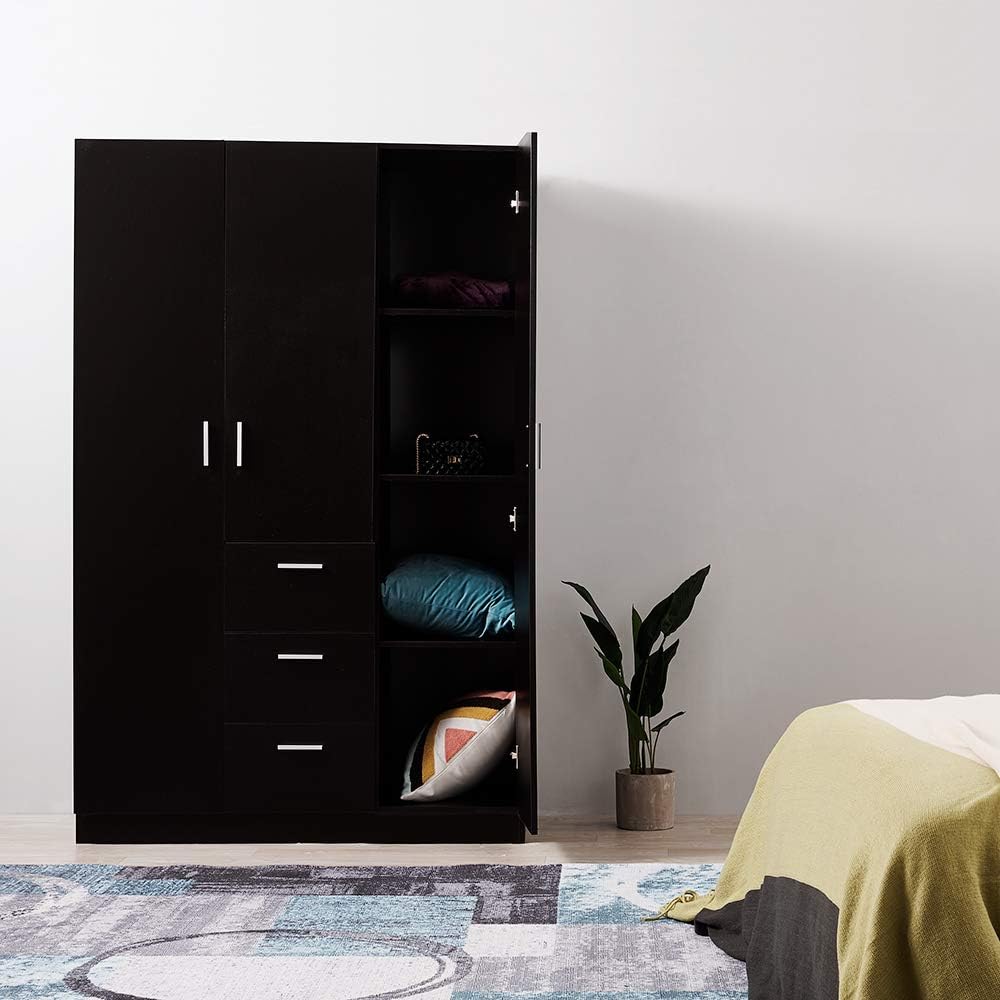 Modern 3 Doors Wardrobes with 3 Drawers and Hanging Rail Large Triple Clothes Storage Closet for Home Bedroom Units (Black)