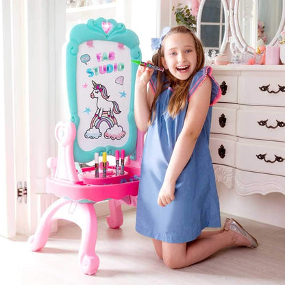 Crayola FAB STUDIO Kids Table and Chair Set – 3-in-1 Kids Vanity Table with Magnetic Dry Erase Board, Mirror – Girls Vanity Includes Accessories Ideal for Role Playing, Imaginative Play