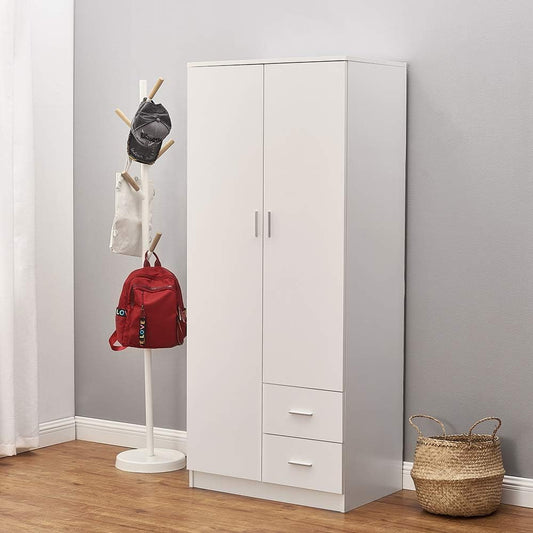 Panana Tall Wooden 2 Door Wardrobe With 2 Drawers Bedroom Storage Units With Hanging Bar Clothes (White1)