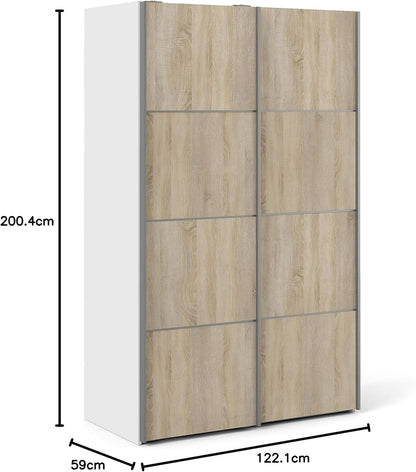 FurniFlex Verona Sliding Wardrobe with Doors and 5 Shelves, 120 cm Size, White/Oak