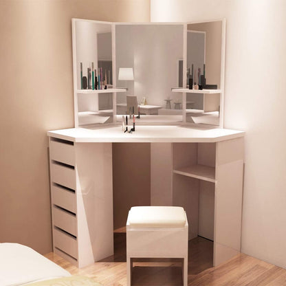 Panana Corner Dressing Table Makeup Desk Bedroom Dresser Table Furniture With Mirror Makeup Stool Set (White)