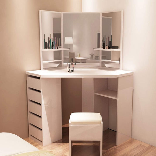Panana Corner Dressing Table Makeup Desk Bedroom Dresser Table Furniture With Mirror Makeup Stool Set (White)