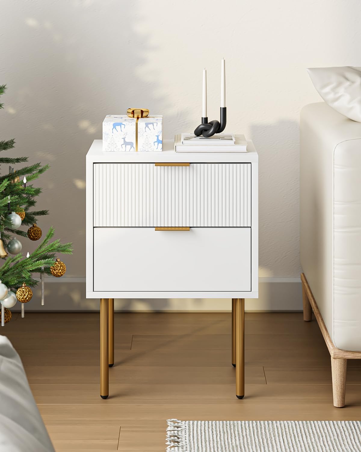 AEPOALUA Nightstand,Small Bedside Table with Gold Frame,White Night Stand,Bedside Furniture,Side Table with Drawer and Shelf for Bedroom,Living Room (Classic, White)
