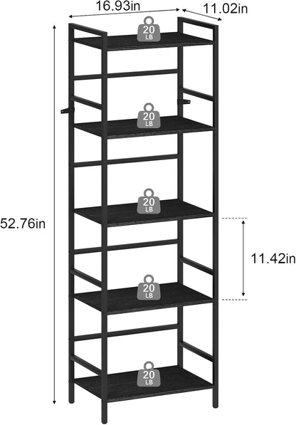 52.76in(H) Tall Bookshelf 5 Tier Bookcase Shelf Storage Organizer Industrial Freestanding Book Shelves Units Large Storage Tired Shelf for Small Space, Living Room, Kitchen, Bedroom, Modern Black
