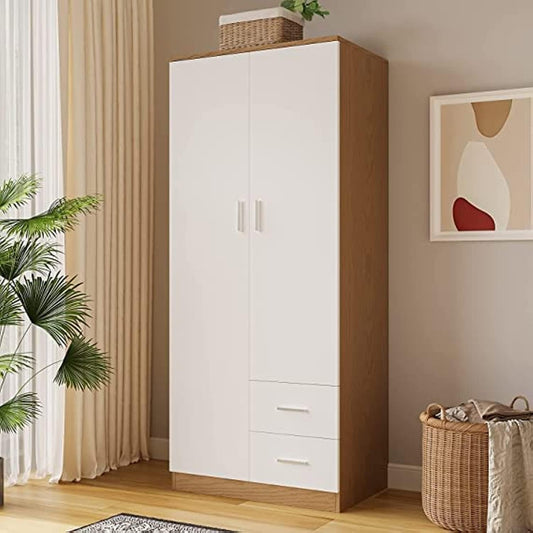 Panana 2 Door 2 Drawer Wardrobe with Shelf and Hanging Rail Wooden Clothes Storage Cupboards Unit for Bedroom Furniture 77 * 50 * 180cm (White with Oak), Brown