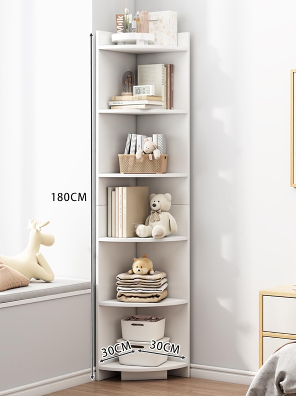 Ruication Bookcase Wooden 6 Tier Bookshelf Storage Corner Shelf Organizer Units Modern Free Standing Cabinets Racks Open Shelves for Living Room Bedroom Study Home Office White 30x30x180cm