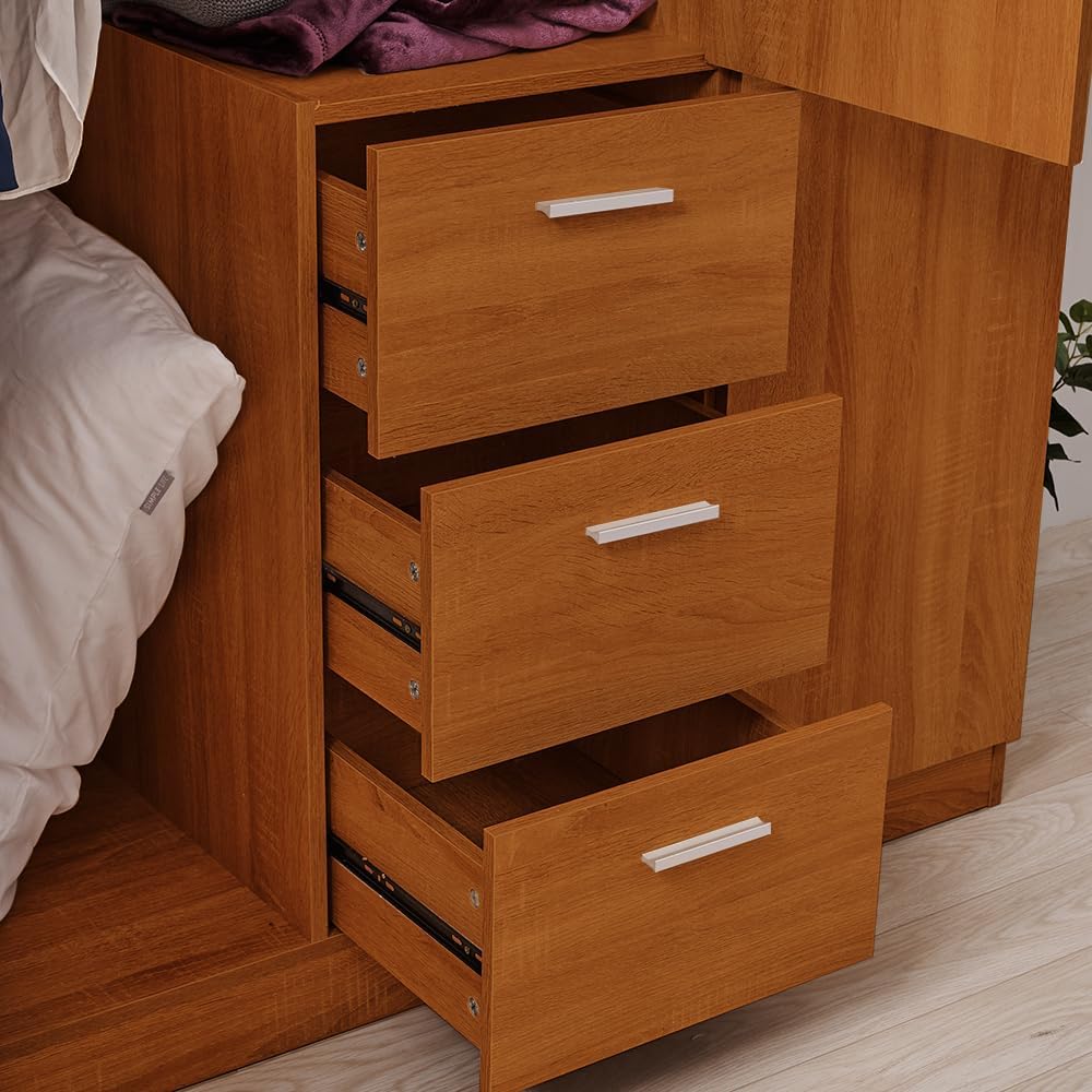 3 Door 3 Drawer Wardrobe, Modern Solid Pine Wood Wardrobe with Hanging Rail Living Bedroom Furniture (Oak)