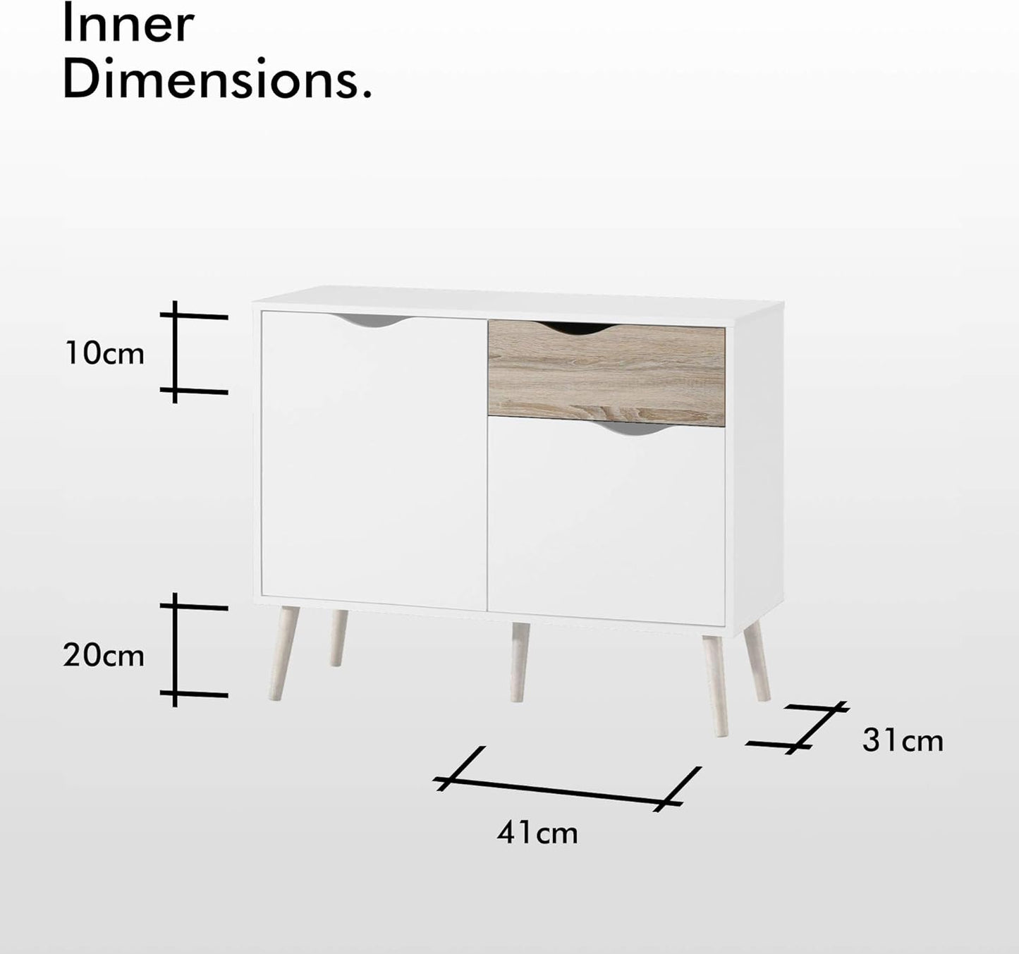 VonHaus Sideboard White & Oak Effect - Small Compact Sideboard Cabinet with 3 Storage Drawers & Cupboards – Nordic Scandi Style Furniture with Tapered Legs - Living Room, Lounge, Home Office & Hallway