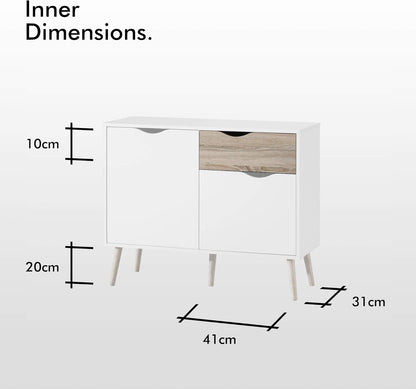 VonHaus Sideboard White & Oak Effect - Small Compact Sideboard Cabinet with 3 Storage Drawers & Cupboards – Nordic Scandi Style Furniture with Tapered Legs - Living Room, Lounge, Home Office & Hallway