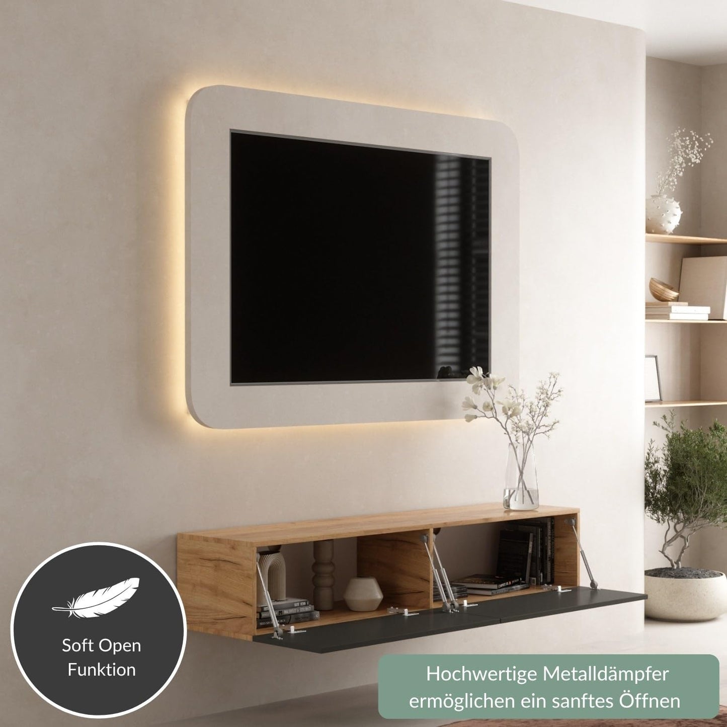 Planetmöbel TV Board 160 cm Gold Oak/Anthracite, TV Cabinet with 2 Flaps as Storage Space, Lowboard Hanging or Standing Sideboard Living Room