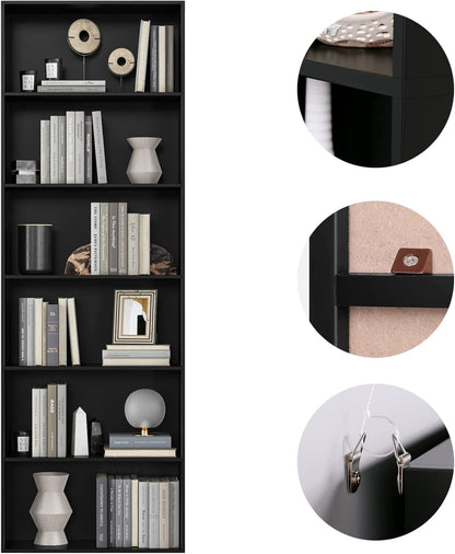 FirFurd Bookcase 6 Tiers Bookshelf Black Tall Display Shelf Freestanding Wooden Storage Unit for Living Room Bedroom Office 60x23.5x180cm