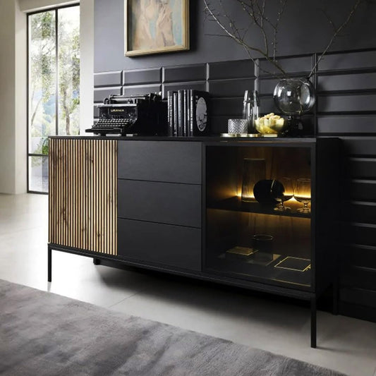 Kitchen sideboard Buffet, Space-Saving with 1 Door Glass Honey, Black and Brown Wooden, Aluminum doors with light, Stainless steel legs, 3 Shelves, 3 Drawer, (D x 40 CM), (W x 180 CM), (H x 90 CM)