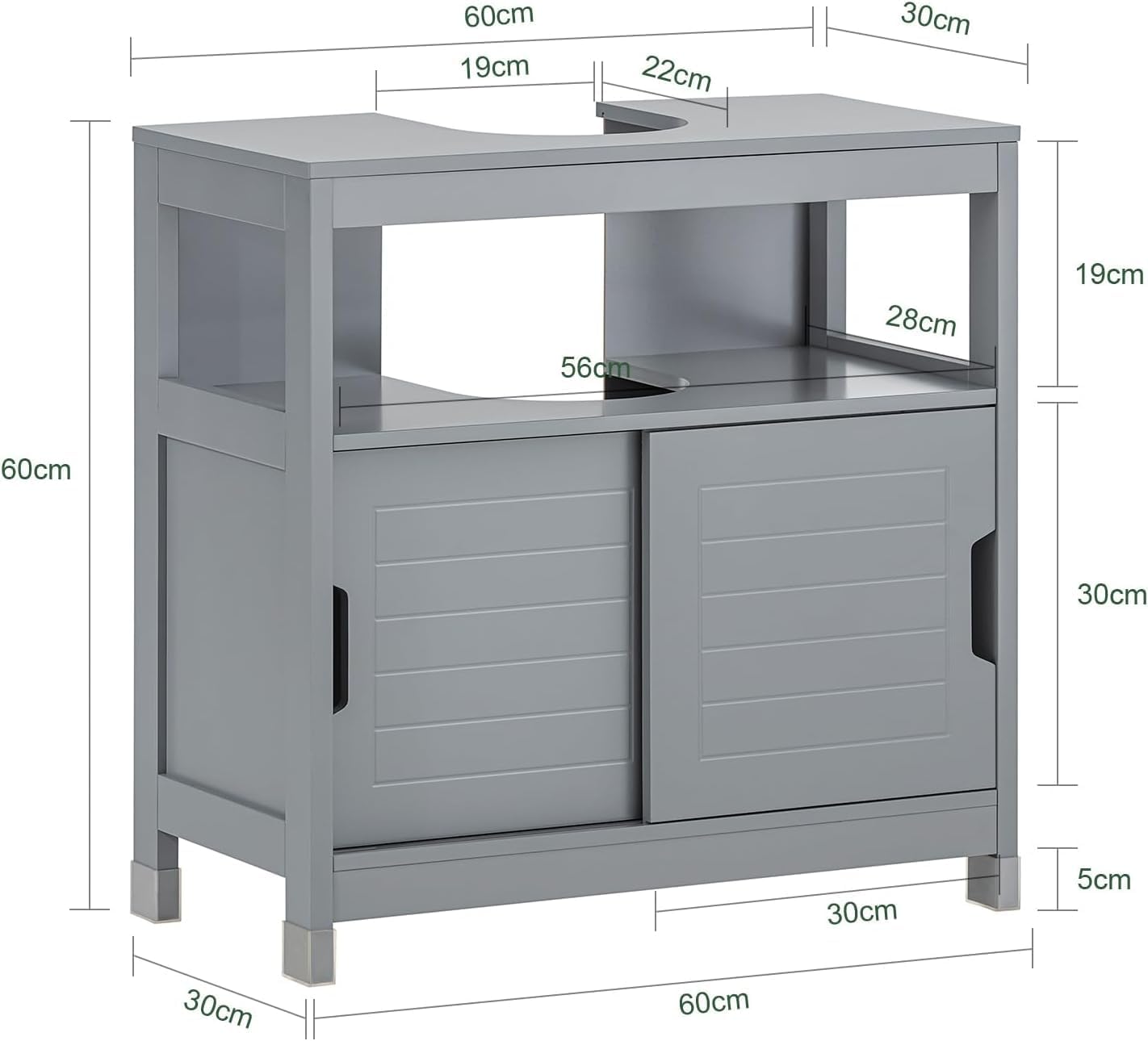 FurniFlex Under Sink Bathroom Vanity Unit, 60 cm Length x 30 cm Depth x 60 cm Height, Grey