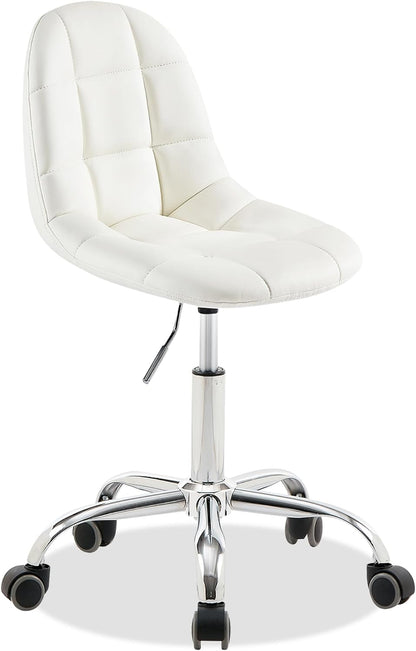 VECELO Armless Home Office Desk Chair, Height Adjustable, PU Leather 360 Degree Swivel with Wheels, Stylish Casual Vanity Seat for Study, Work, Makeup, Leisure, Weight up to 330 Lbs, White