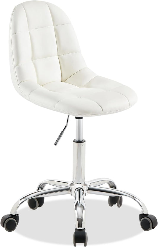 VECELO Armless Home Office Desk Chair, Height Adjustable, PU Leather 360 Degree Swivel with Wheels, Stylish Casual Vanity Seat for Study, Work, Makeup, Leisure, Weight up to 330 Lbs, White