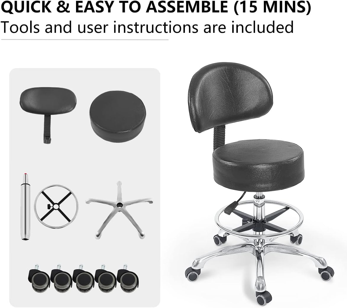 Grace&Grace Height Adjustable Swivel Rolling Stool with Back Extra Thick Seat for Ultimate Comfort for Salon, Studio, Shop, Kitchen (Black,with foot rest)