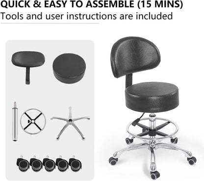 Grace&Grace Height Adjustable Swivel Rolling Stool with Back Extra Thick Seat for Ultimate Comfort for Salon, Studio, Shop, Kitchen (Black,with foot rest)