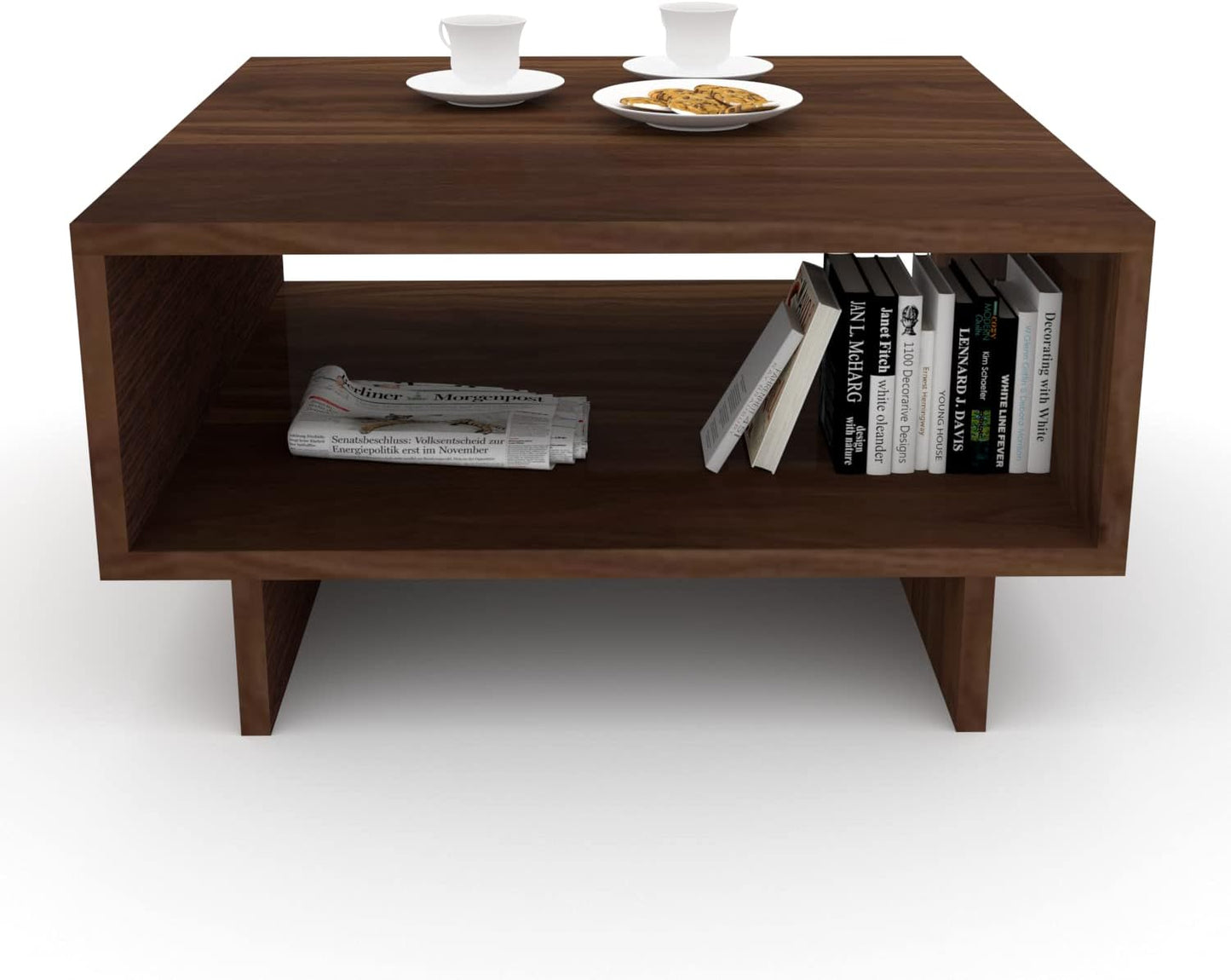 Furnifry Modern Square Center Table with Open Storage Shelf/Wooden Coffee Table for Home/Sturdy & Stylish Furniture for Living Area/Wooden Coffee & Sofa Table (Walnut)