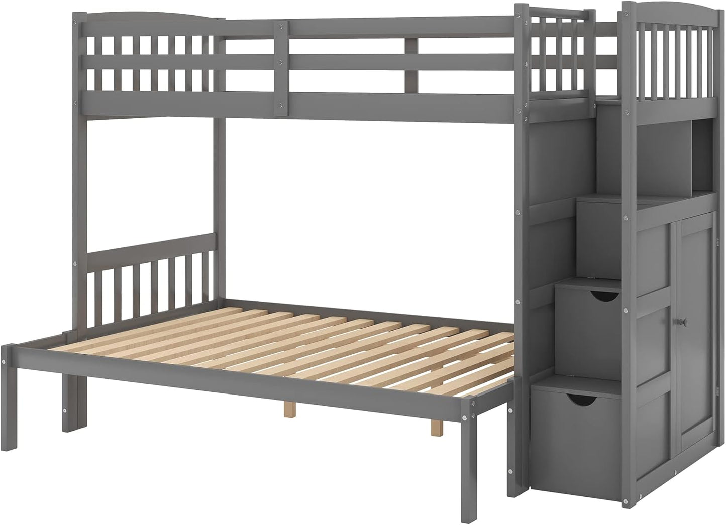 Harper & Bright Designs Twin Over Full Bunk Bed?Twin Bunk Bed for Kids,Bed Frame with Convertible Bottom Bed, Storage Shelves and Drawers for Kids,Adults(Grey)