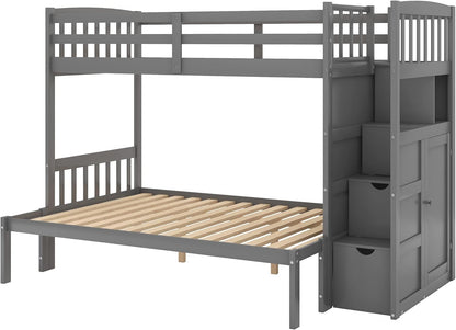 Harper & Bright Designs Twin Over Full Bunk Bed?Twin Bunk Bed for Kids,Bed Frame with Convertible Bottom Bed, Storage Shelves and Drawers for Kids,Adults(Grey)