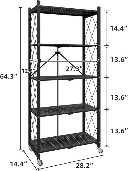 WHIFEA 5 Tier Foldable No Assembly Storage Shelves with Wheels 28.3’’15’’63.2’’ Free Standing Metal Wire Rack Heavy Duty Pantry Collapsible Organizer for Kitchen Bedroom Bathroom Office Black