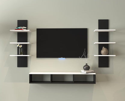 Furinno MDF Wood Wall Mounted TV Entertainment Unit Set Top Box Stand for Living Room Bedroom Hall Home Office Hotel Multipurpose Storage Display Rack Wall Shelf Wooden Furniture (White & Black)