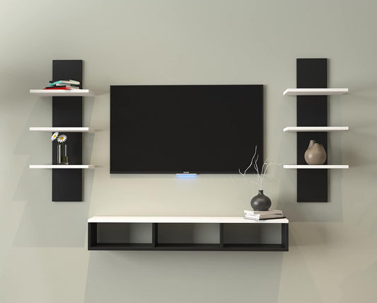 Furinno MDF Wood Wall Mounted TV Entertainment Unit Set Top Box Stand for Living Room Bedroom Hall Home Office Hotel Multipurpose Storage Display Rack Wall Shelf Wooden Furniture (White & Black)