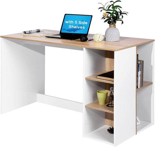 Writing Computer Desk with Storage, Large Study Desk with 5 Shelves Home Office Table Wood Computer Workstation with Integrated Bookcaseï¼ŒBeech & White,Multicolor