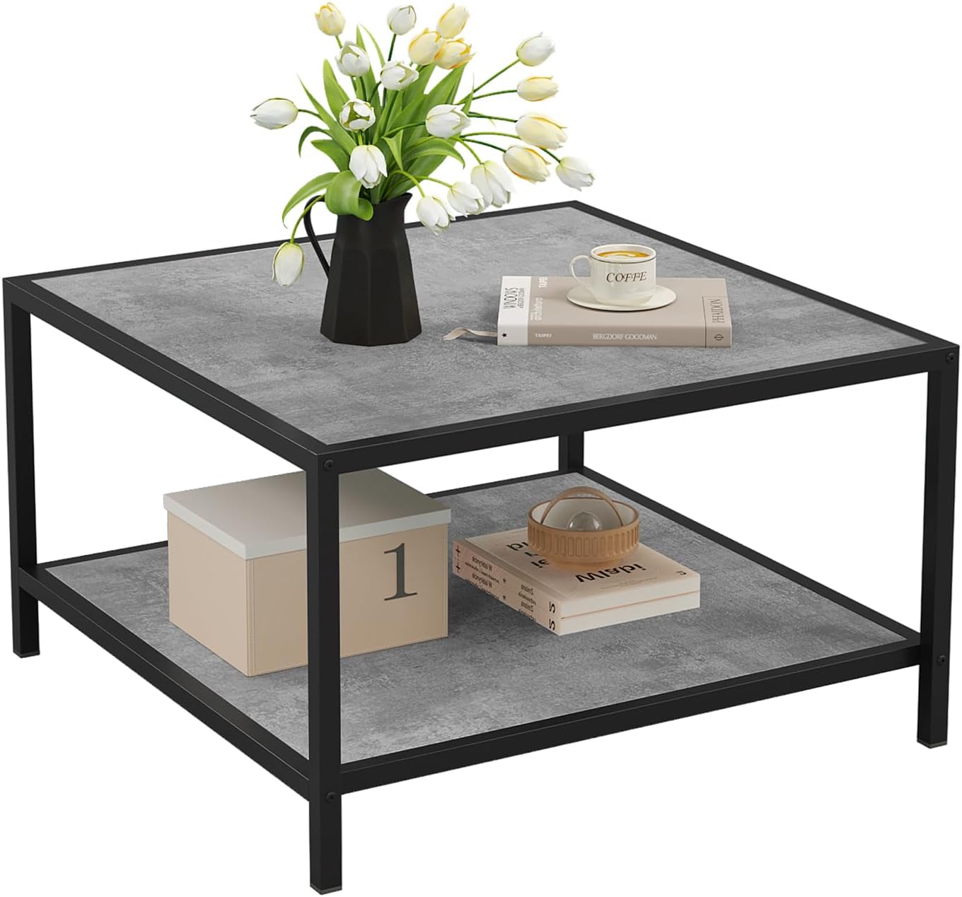 SAYGOER Coffee Table for Living Room, Square Modern Coffee Tables with Storage, 2 Tier Small Farmhouse Center Table for Office Apartment Home, Gray Wood Tabletop, Easy Assembly
