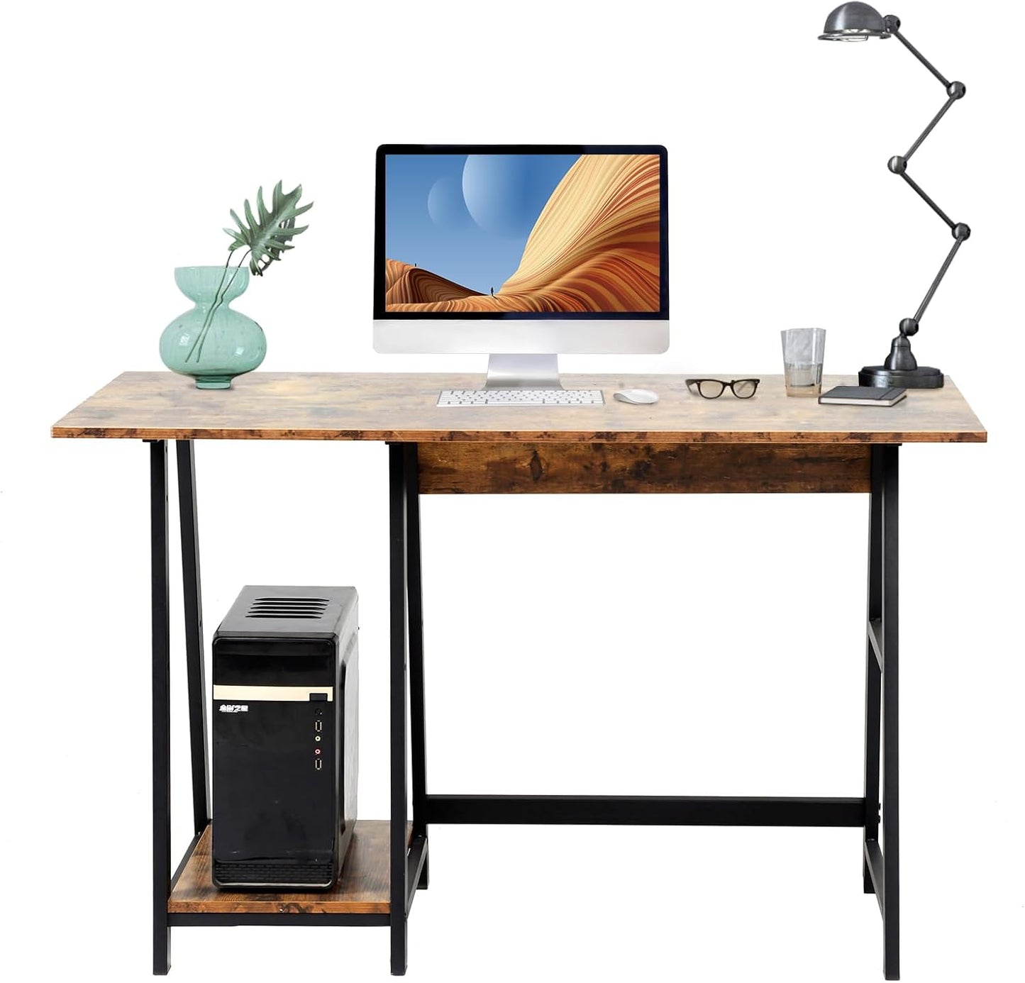 Oak & Tea Computer Desk Small Home Office Table with Shelves Compact Workstation Modern Style Writing Desk for Work Study Gaming 120x60x75 cm