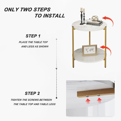 Homes Element Multi-Purpose Modern Versatile Marble Texture 2 Tier Round Shape Coffee Table Nesting Table End Table Bedside Table Nightstand for Living Room Bedroom Reception Office-40x40x43cm(White)