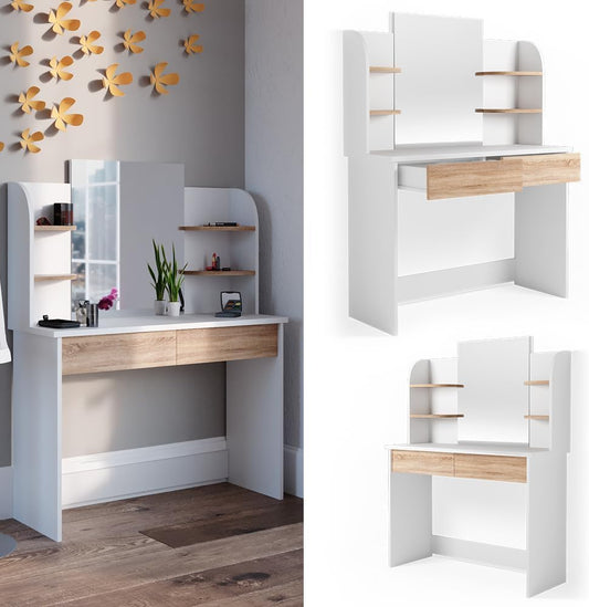 FurniFlex Charlotte Make-Up Table/Dressing Table with Mirror, 142 cm x 108 cm Size, Sonoma White