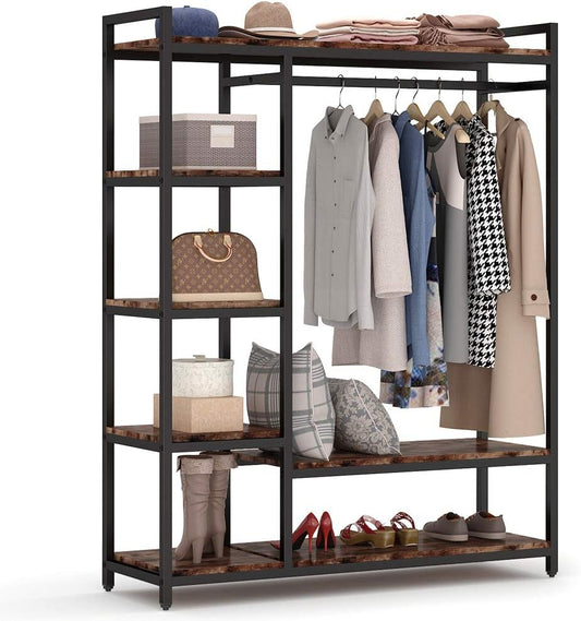 LITTLE TREE Free Standing Wood Closet Clothes Rack, Heavy Duty Garment Rack With Shelves, Hanging Racks for Clothing, Bedroom Wardrobe Closet Organizer, 350 lb Capacity, Rustic