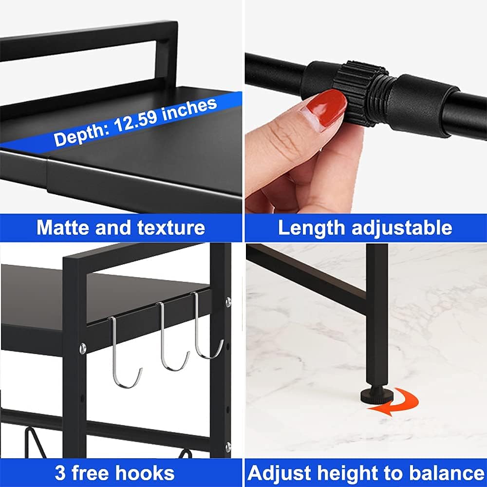 Peniogar Microwave Shelf 2 Tier Expandable and Height Adjustable Microwave Oven Rack Oven Countertop Stand Kitchen Counter Shelf with 3 Hooks Black