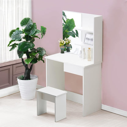 OFCASA Dressing Table with Mirror and Stool, Drawer, 2 Shelves (White, 75 x 40 x 137cm, Small)