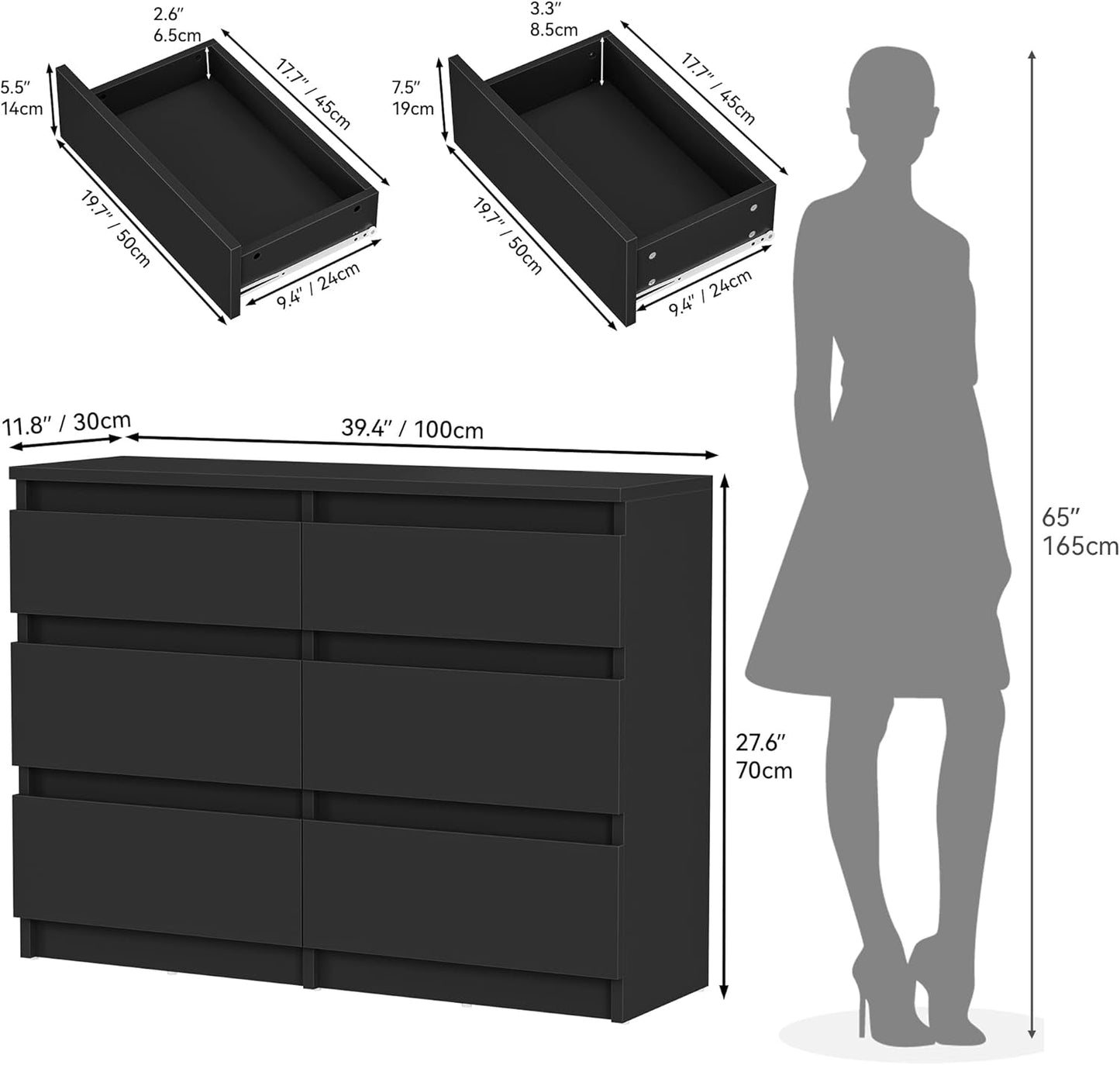 YITAHOME Chest of Drawers Bedroom, 6 Drawer with Runners, Bedroom Furniture, Chest of Drawers Wood, Bedroom Storage Unit, Modern Bedroom Bedside Storage Cabinet, 100 * 30 * 70cm (Black)