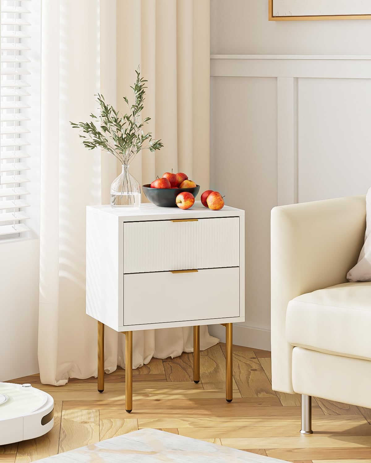 AEPOALUA Nightstand,Small Bedside Table with Gold Frame,White Night Stand,Bedside Furniture,Side Table with Drawer and Shelf for Bedroom,Living Room (Classic, White)
