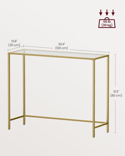 VASAGLE Console Table, Tempered Glass Table, Modern Sofa or Entryway Table, Metal Frame, Sturdy, Adjustable Feet, for Living Room, Hallway, Golden LGT26G