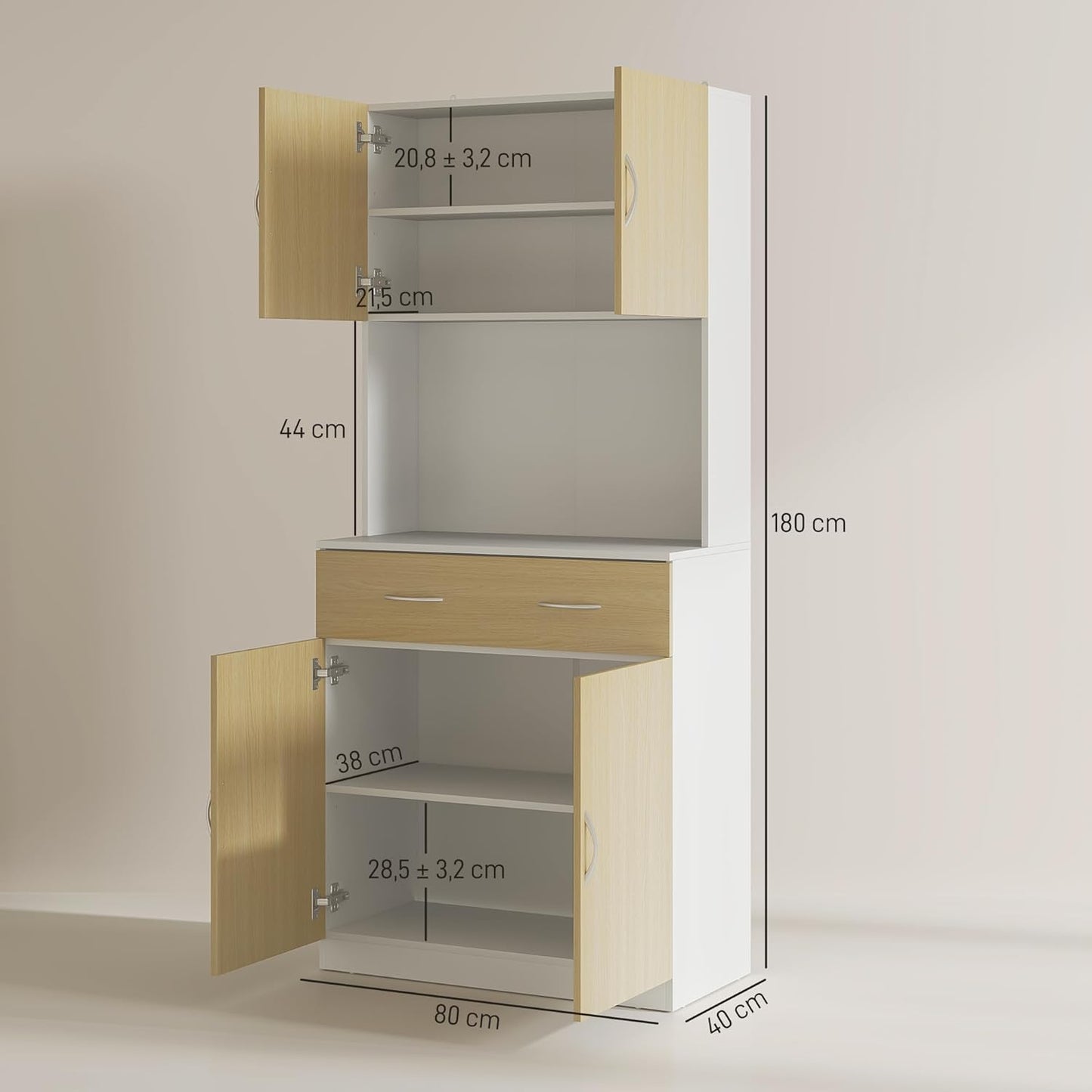 HOMCOM Kitchen Cupboard Kitchen Cabinet Kitchen Auxiliary Cabinet with Drawer Doors and Adjustable Anti-tip Shelves for Dining Room Living Room 80 x 40 x 180 cm Natural and White