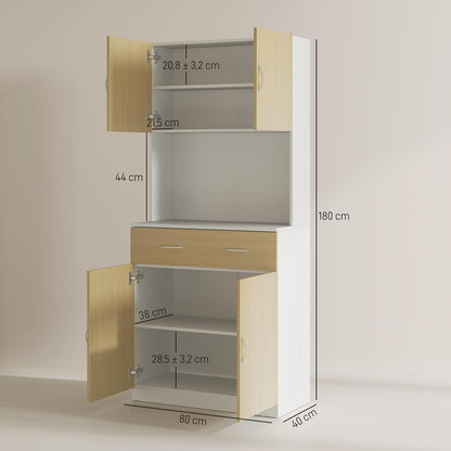 HOMCOM Kitchen Cupboard Kitchen Cabinet Kitchen Auxiliary Cabinet with Drawer Doors and Adjustable Anti-tip Shelves for Dining Room Living Room 80 x 40 x 180 cm Natural and White