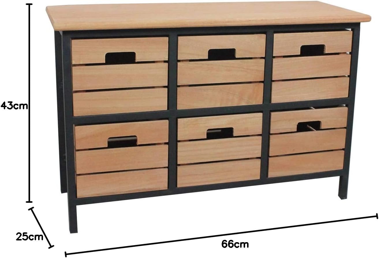 Home Source Solid Wood Chest of Drawers Storage Unit Bedroom Office Organiser Metal Frame, 6 Wide