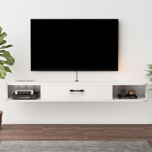Bixiaomei Floating TV Unit, 47'' Wall Mounted TV Cabinet, Floating Shelves with Door, Modern Entertainment Media Console Center Large Storage TV Bench for Living Room & Office (47.24IN, White)
