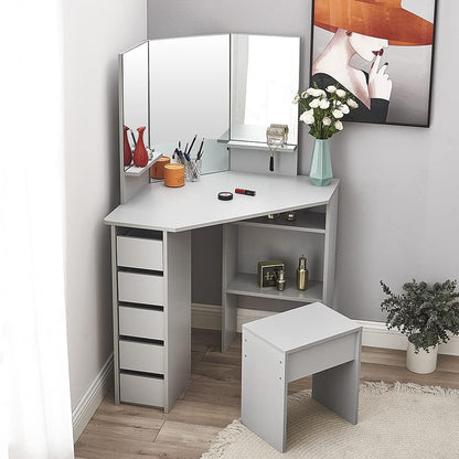 Panana MDF Dressing Table Corner Makeup Table with 3 Mirrors, 5 Drawers, 1 Compatible and Stool for Bedroom, 109cm (L) x 55cm (W) x 140cm (H) (Grey)
