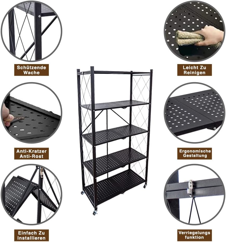 STREND PRO Folding Shelf with Wheels, 5 Tier Foldable Storage Trolley Unit, 250 kg Load Capacity, Metal, Black, Folding Shelf for Kitchen, Office