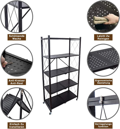 STREND PRO Folding Shelf with Wheels, 5 Tier Foldable Storage Trolley Unit, 250 kg Load Capacity, Metal, Black, Folding Shelf for Kitchen, Office