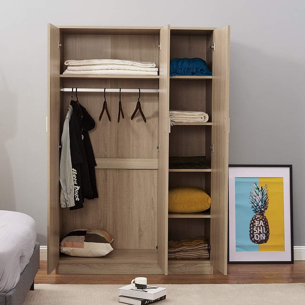 Modern Matt Oak 3 door triple wardrobe with shelves & rail.Slow-close hinges